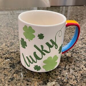 LANG Irish "Lucky" Coffee Tea Mug Ceramic Rainbow Handle Shamrocks St. Patty's